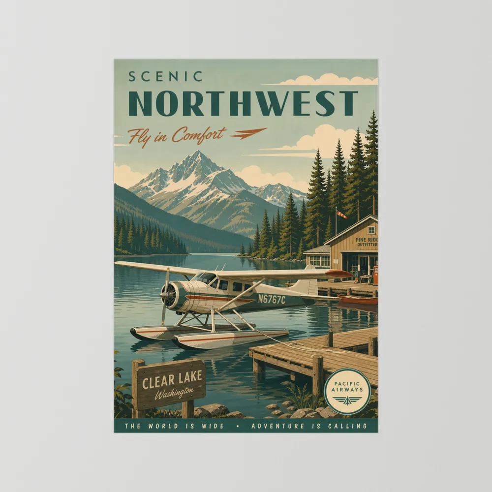 Scenic Northwest Clear Lake Washington Seaplane Vintage Travel Poster Art Print