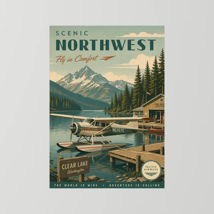 Scenic Northwest Clear Lake Washington Seaplane Vintage Travel Poster Art Print