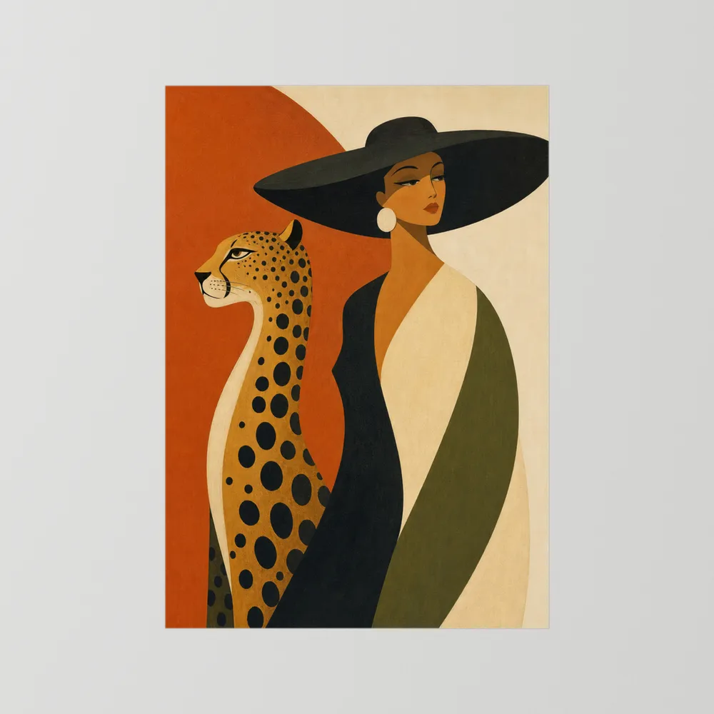 Glamorous Woman in Black Hat with Cheetah Mid-Century Art Print