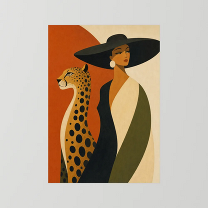 Glamorous Woman in Black Hat with Cheetah Mid-Century Art Print