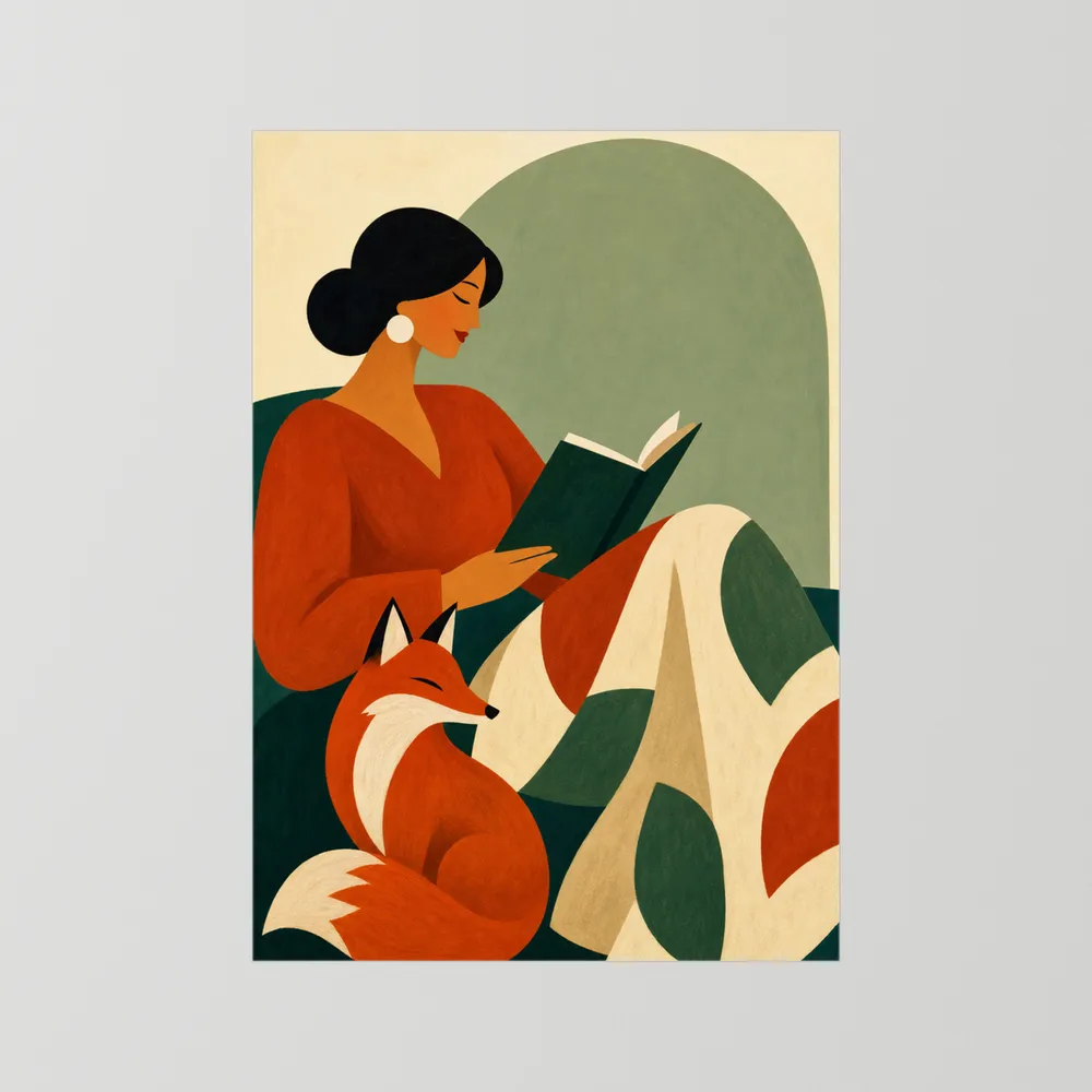 Woman Reading with Fox Mid-Century Retro Art Print