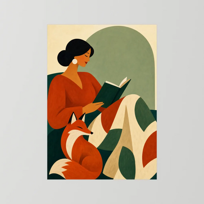Woman Reading with Fox Mid-Century Retro Art Print