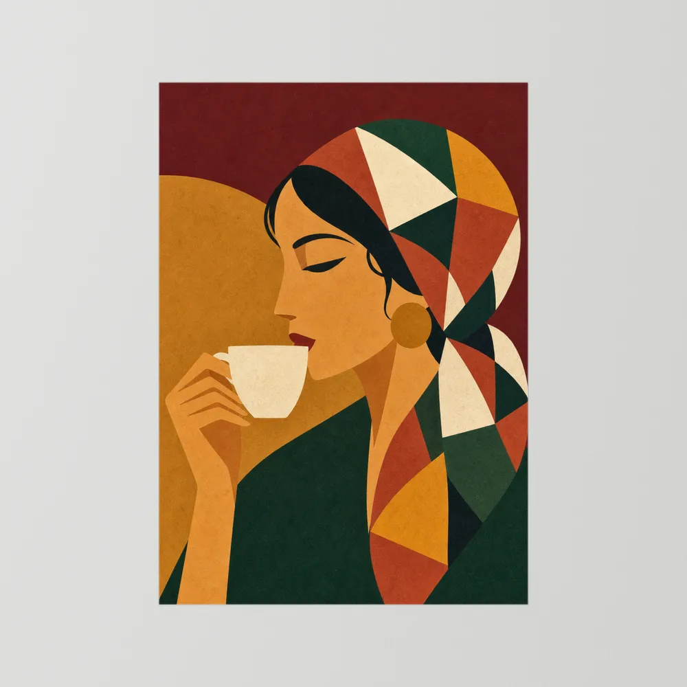 Woman Drinking Coffee with Geometric Headscarf Retro Art Print