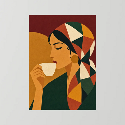 Woman Drinking Coffee with Geometric Headscarf Retro Art Print