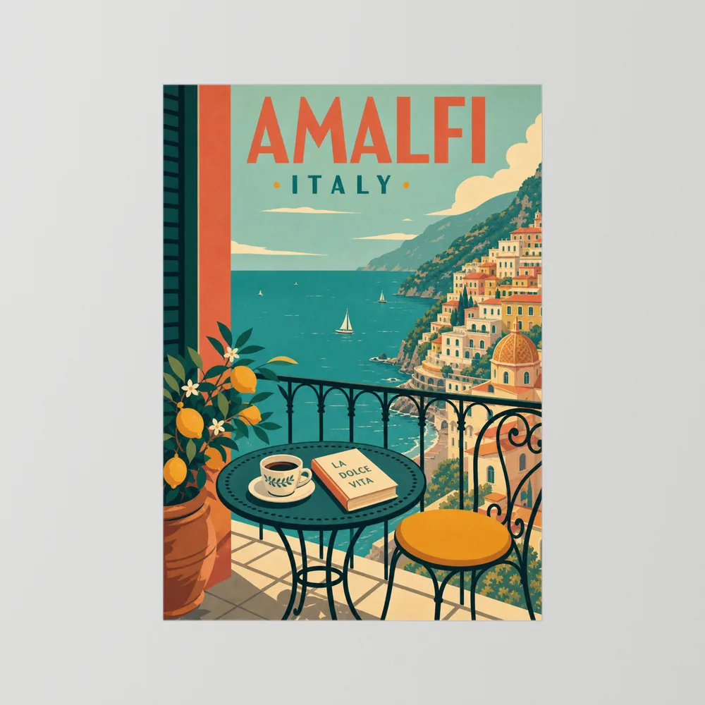 Amalfi Italy Coast Balcony Vintage Travel Poster Art Print