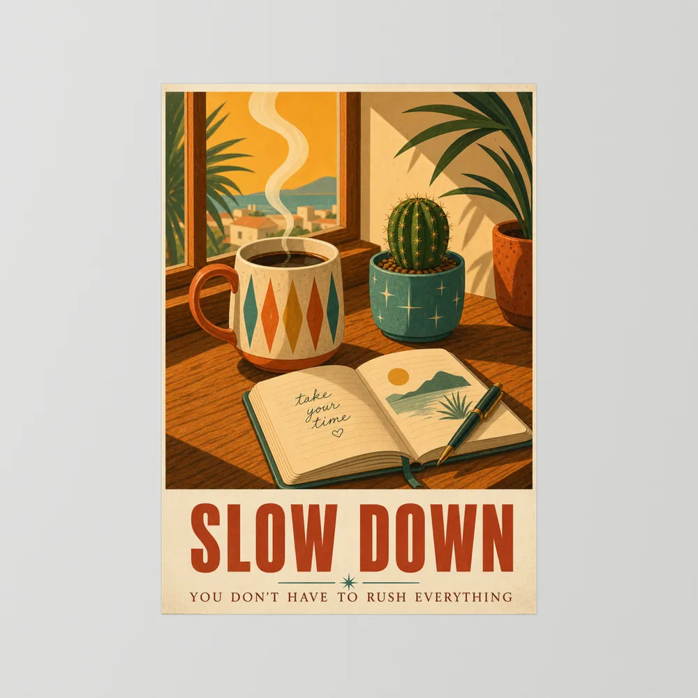 Slow Down – Retro Coffee & Journal Art Print