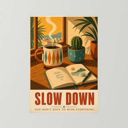 Slow Down – Retro Coffee & Journal Art Print