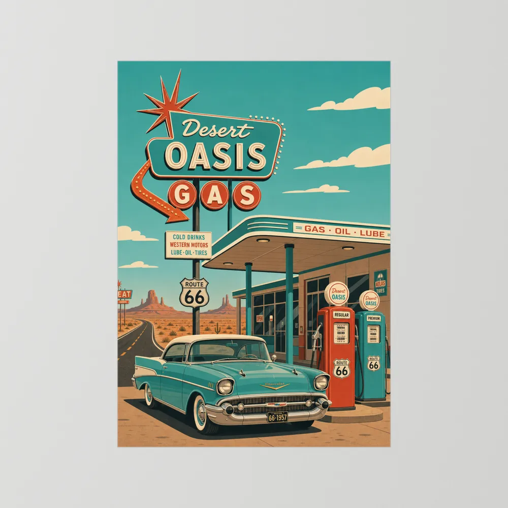 Desert Oasis Gas Station Route 66 Vintage Art Print