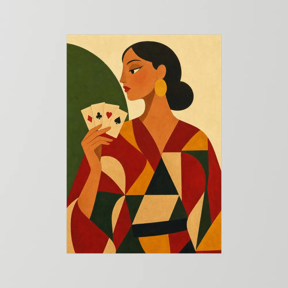 Woman Holding Playing Cards Mid-Century Art Deco Print