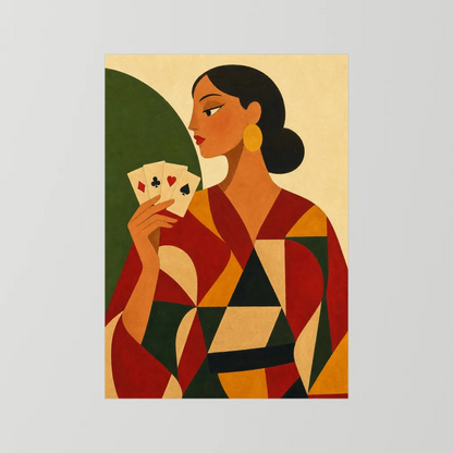 Woman Holding Playing Cards Mid-Century Art Deco Print