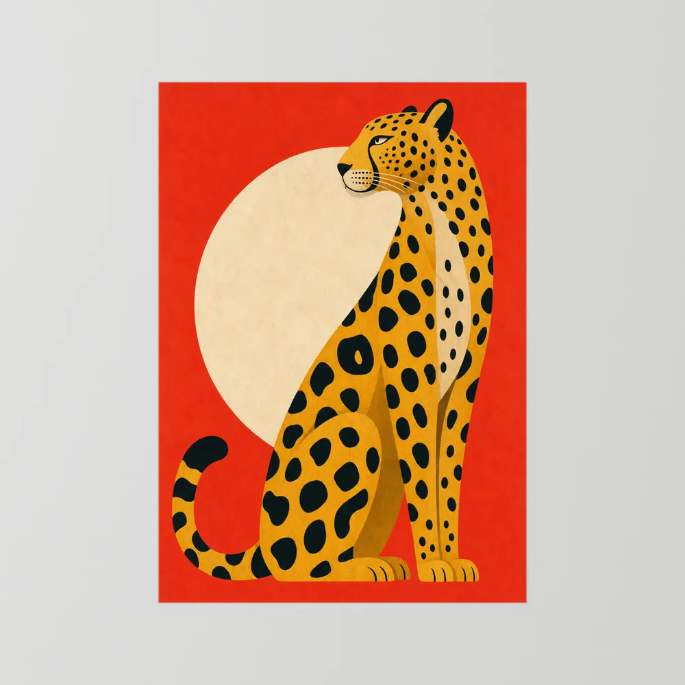 Mid-Century Modern Cheetah Red Sun Retro Art Print