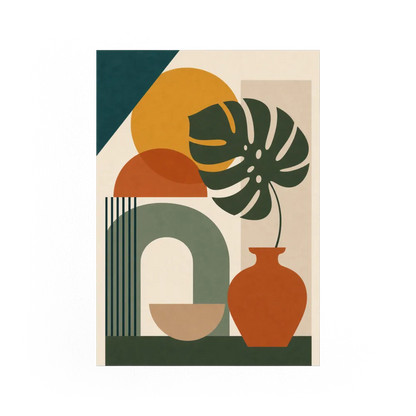 Mid-Century Monstera & Abstract Shapes Art Print