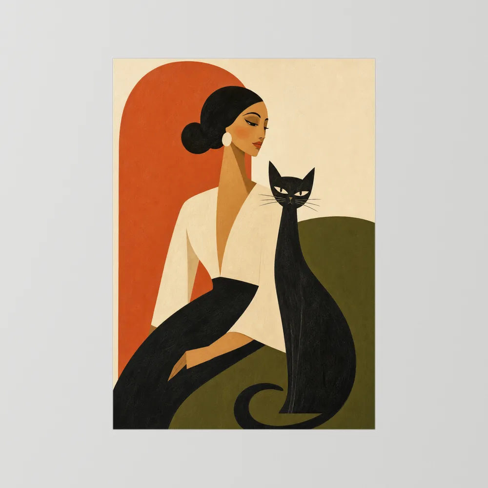 Woman with Sleek Black Cat Mid-Century Retro Art Print