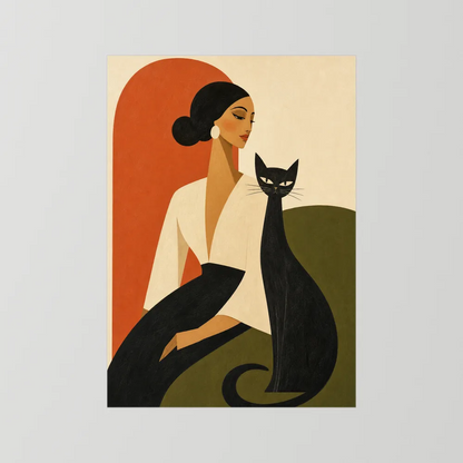 Woman with Sleek Black Cat Mid-Century Retro Art Print