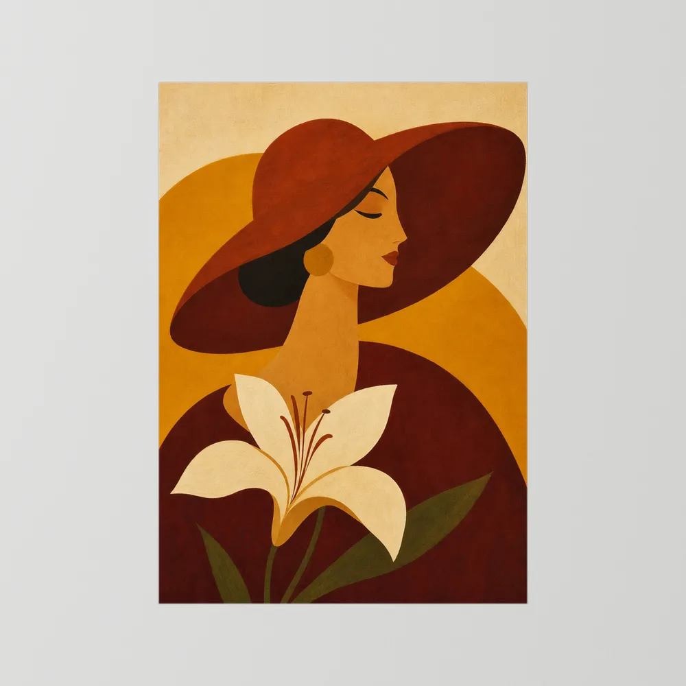 Woman in Sun Hat with White Lily Retro Art Print