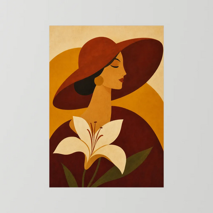 Woman in Sun Hat with White Lily Retro Art Print