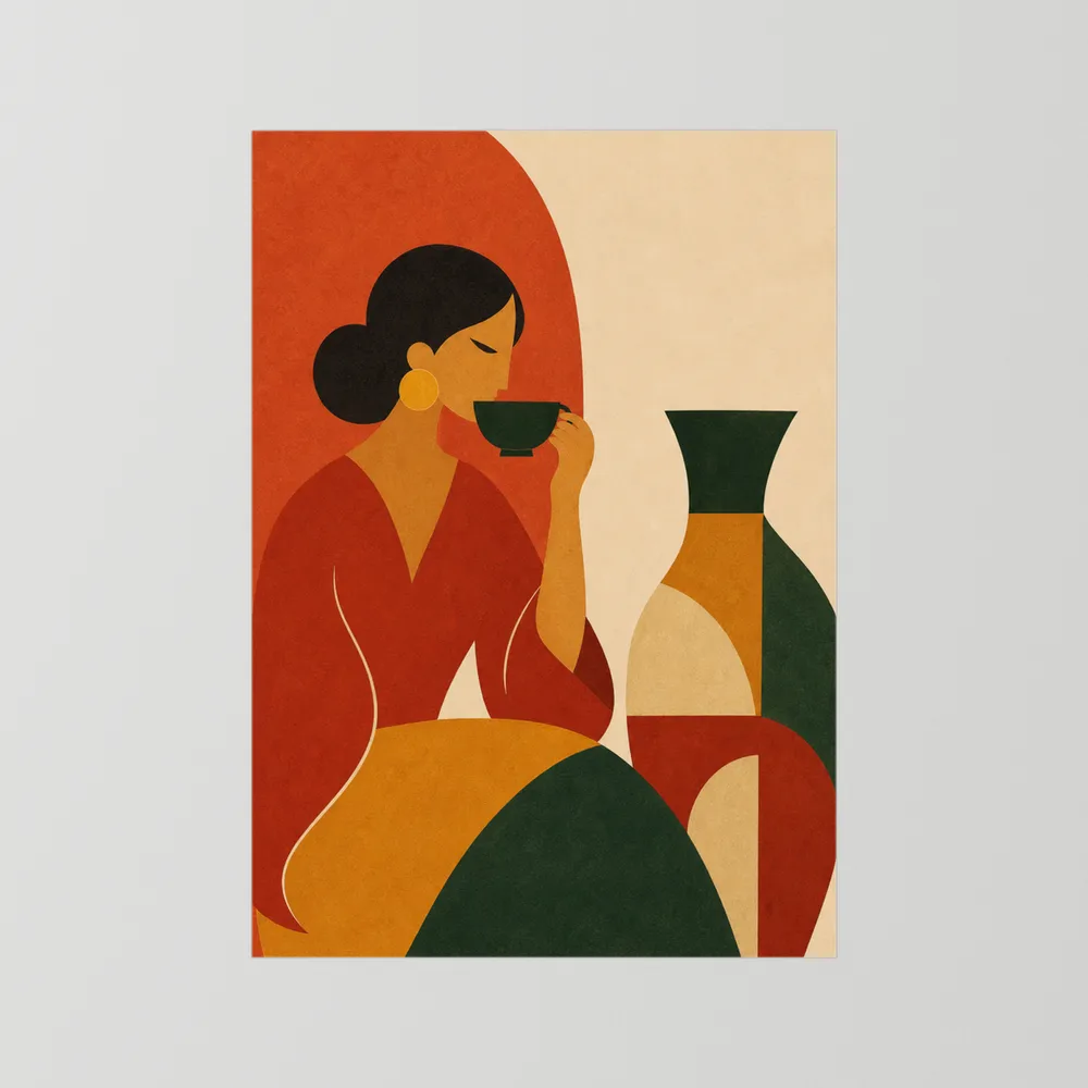 Woman Sipping Tea with Patterned Vase Boho Minimalist Art Print