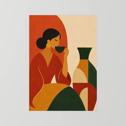 Woman Sipping Tea with Patterned Vase Boho Minimalist Art Print