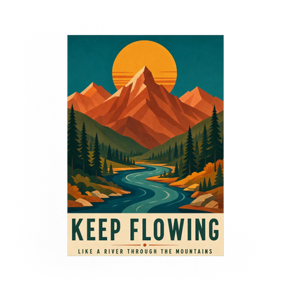 Keep Flowing – Retro Mountain & River Art Print