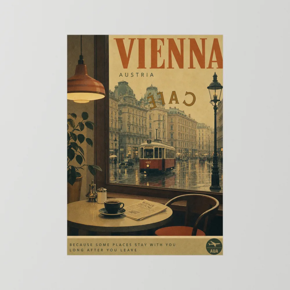 Vienna Austria Vintage Cafe Tram Travel Poster Art Print