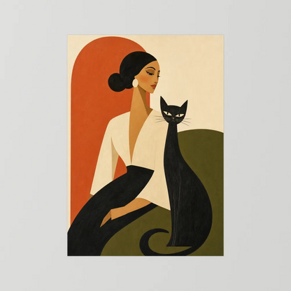 Woman with Sleek Black Cat Mid-Century Retro Art Print