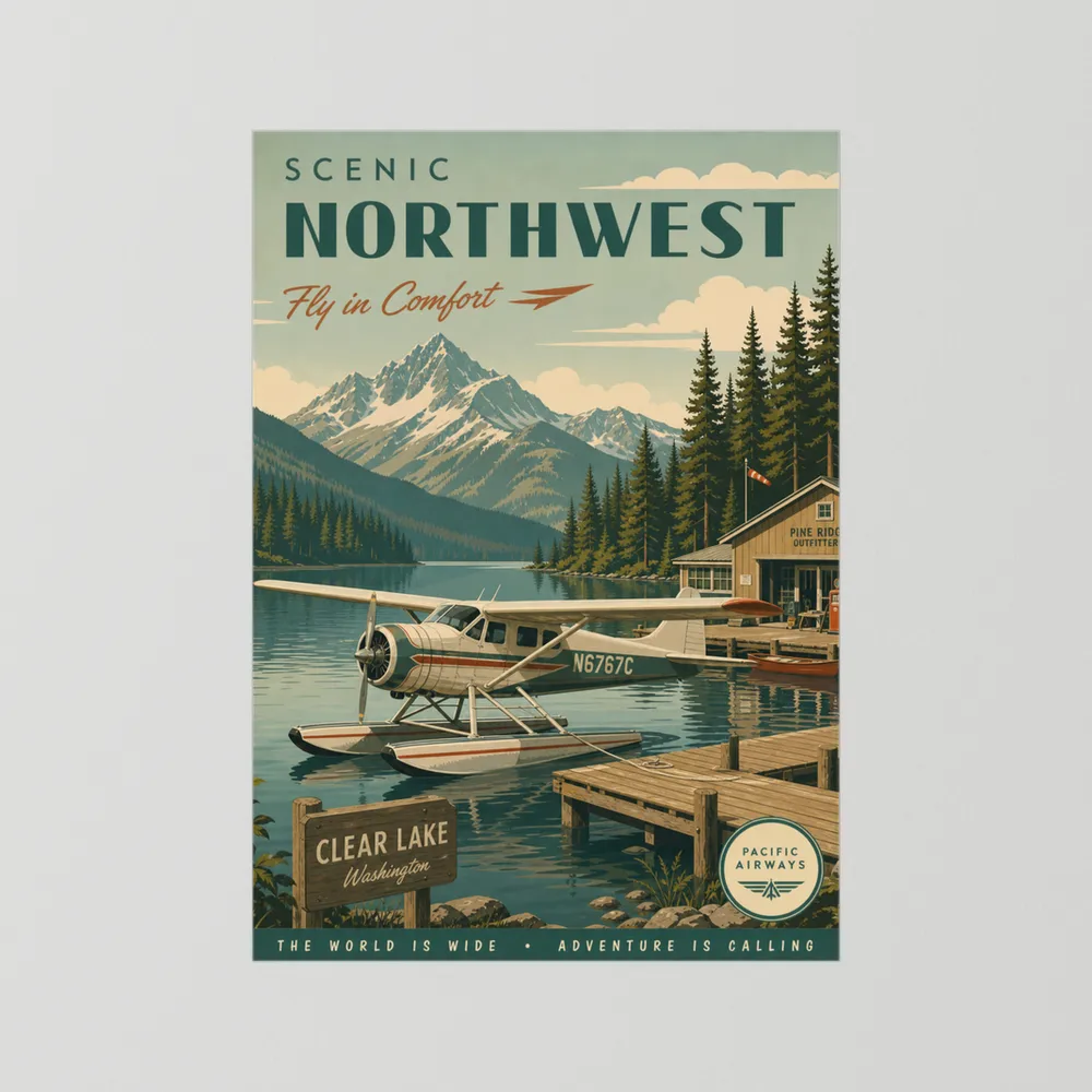 Scenic Northwest Clear Lake Washington Seaplane Vintage Travel Poster Art Print