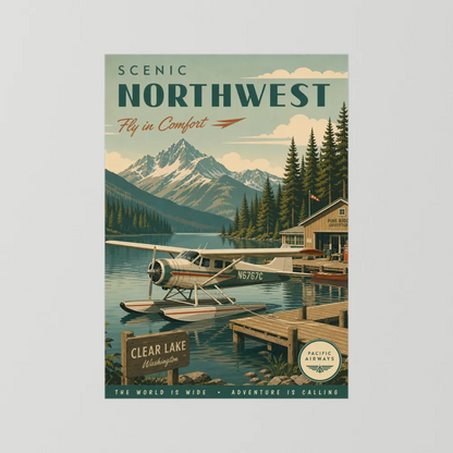 Scenic Northwest Clear Lake Washington Seaplane Vintage Travel Poster Art Print