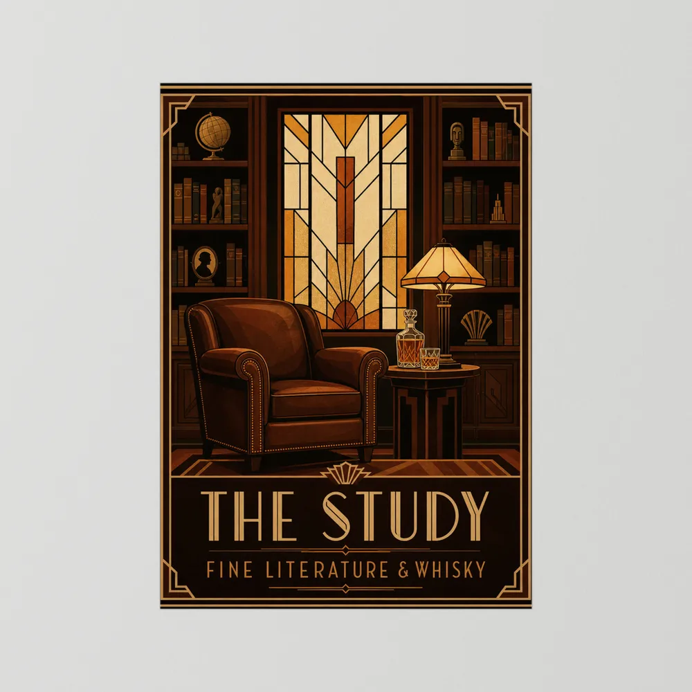 The Study: Fine Literature & Whisky – Vintage Art Deco Library Interior Print