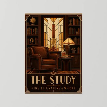 The Study: Fine Literature & Whisky – Vintage Art Deco Library Interior Print