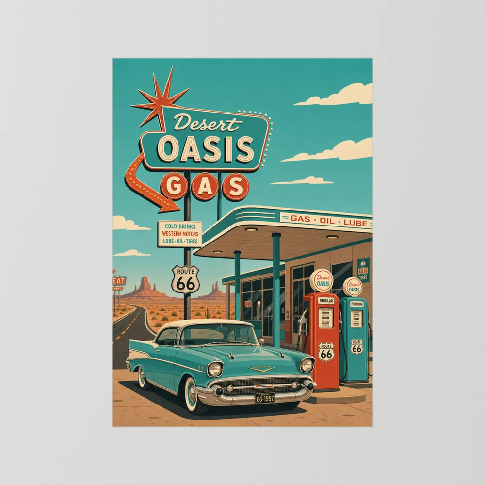 Desert Oasis Gas Station Route 66 Vintage Art Print
