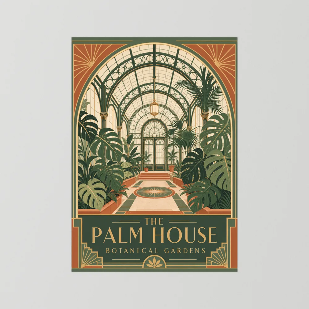The Palm House: Botanical Gardens – Vintage Art Deco Conservatory Print