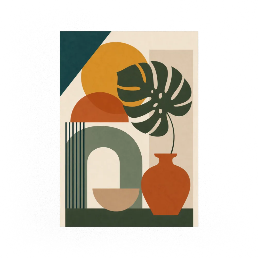 Mid-Century Monstera & Abstract Shapes Art Print