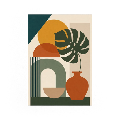 Mid-Century Monstera & Abstract Shapes Art Print