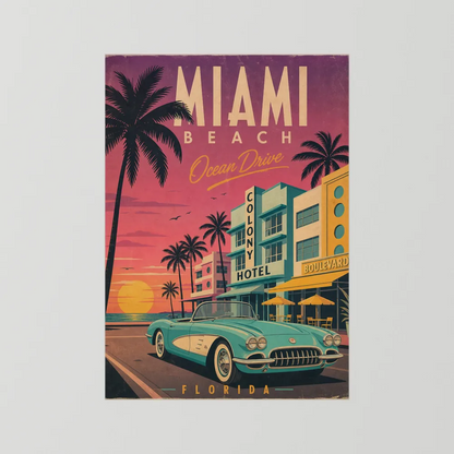 Miami Beach Ocean Drive Art Deco Vintage Travel Poster