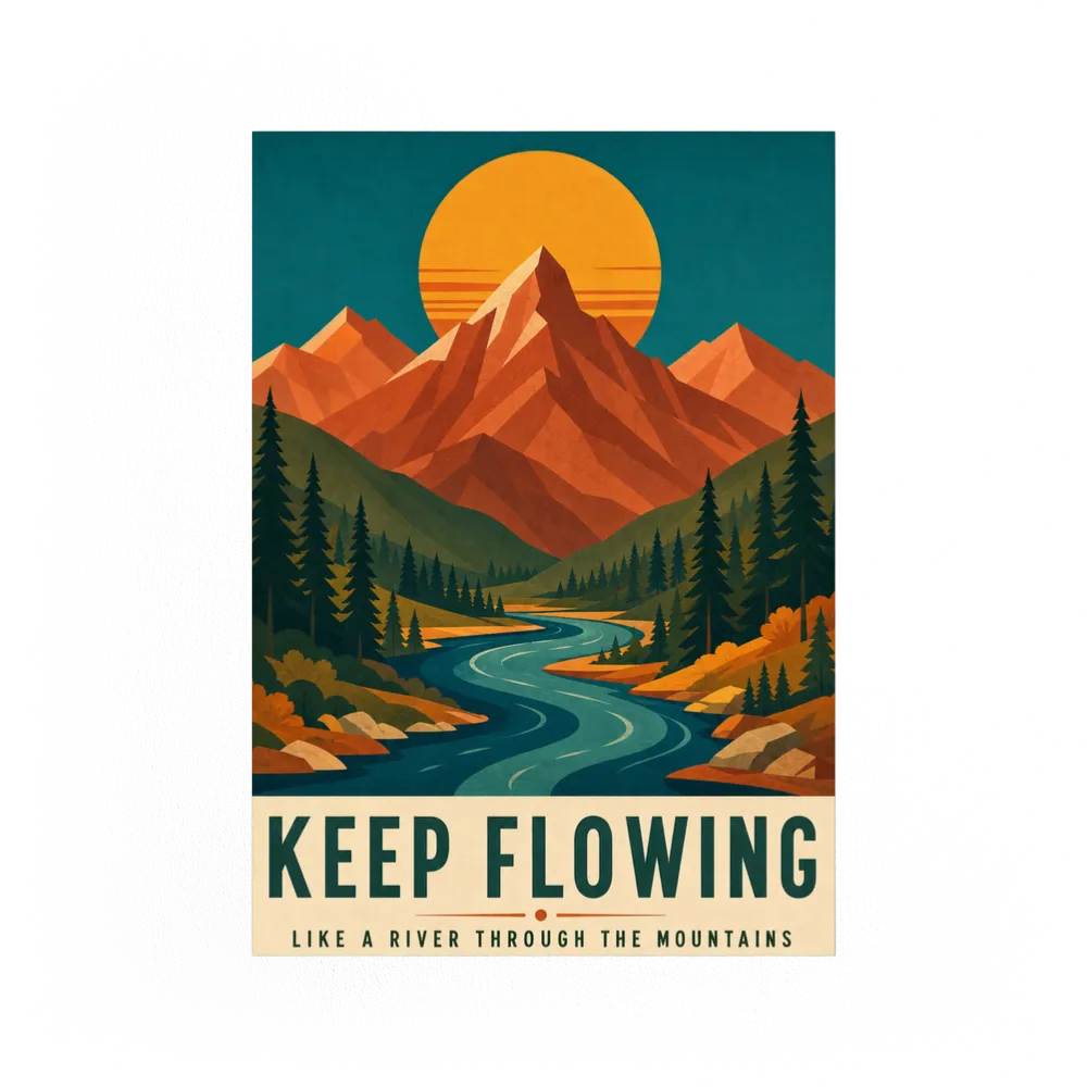 Keep Flowing – Retro Mountain & River Art Print