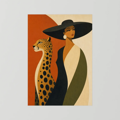 Glamorous Woman in Black Hat with Cheetah Mid-Century Art Print