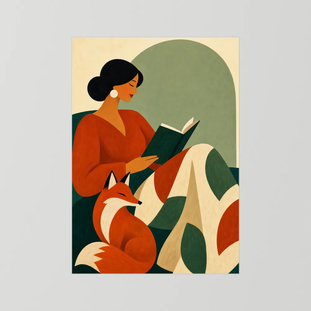 Woman Reading with Fox Mid-Century Retro Art Print