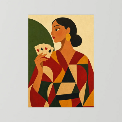 Woman Holding Playing Cards Mid-Century Art Deco Print
