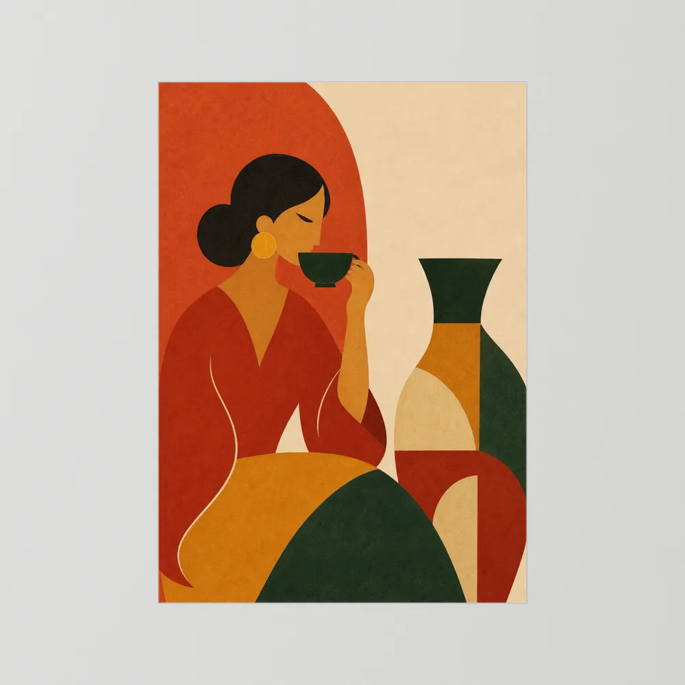 Woman Sipping Tea with Patterned Vase Boho Minimalist Art Print