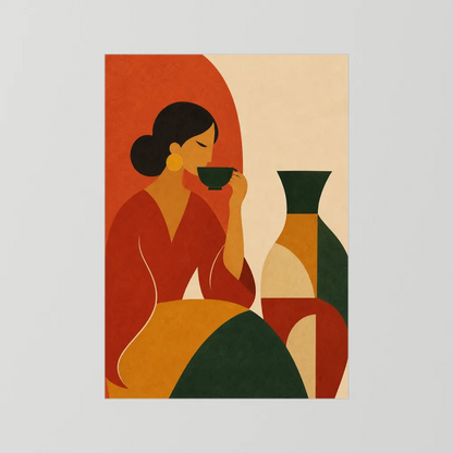 Woman Sipping Tea with Patterned Vase Boho Minimalist Art Print