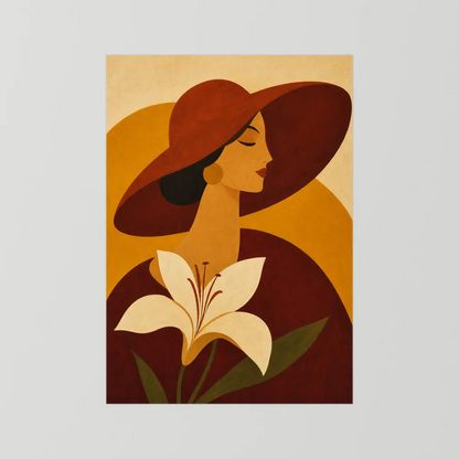 Woman in Sun Hat with White Lily Retro Art Print