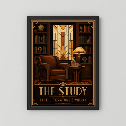 The Study: Fine Literature & Whisky – Vintage Art Deco Library Interior Print