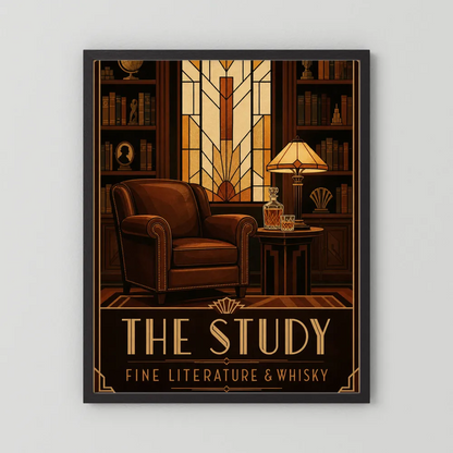 The Study: Fine Literature & Whisky – Vintage Art Deco Library Interior Print