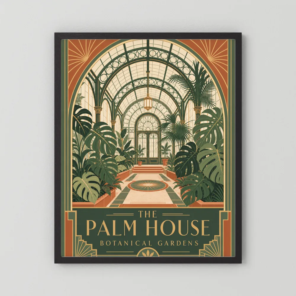 The Palm House: Botanical Gardens – Vintage Art Deco Conservatory Print