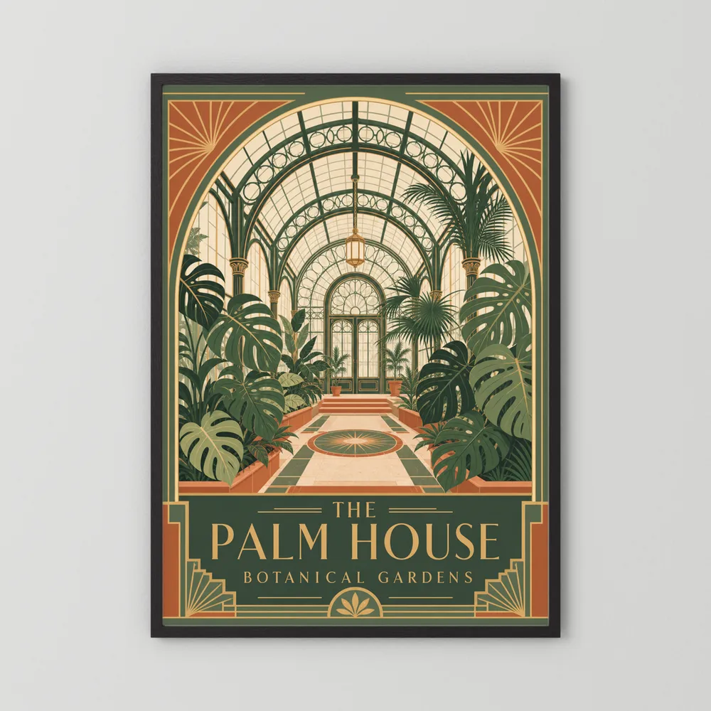 The Palm House: Botanical Gardens – Vintage Art Deco Conservatory Print