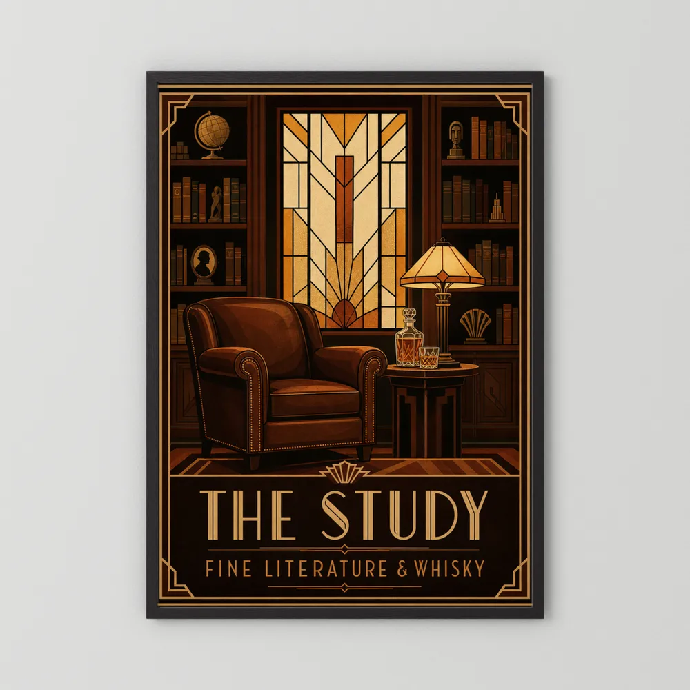 The Study: Fine Literature & Whisky – Vintage Art Deco Library Interior Print