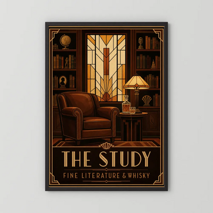 The Study: Fine Literature & Whisky – Vintage Art Deco Library Interior Print