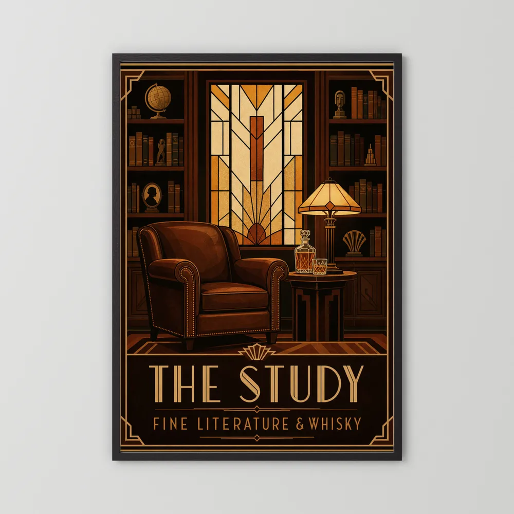 The Study: Fine Literature & Whisky – Vintage Art Deco Library Interior Print