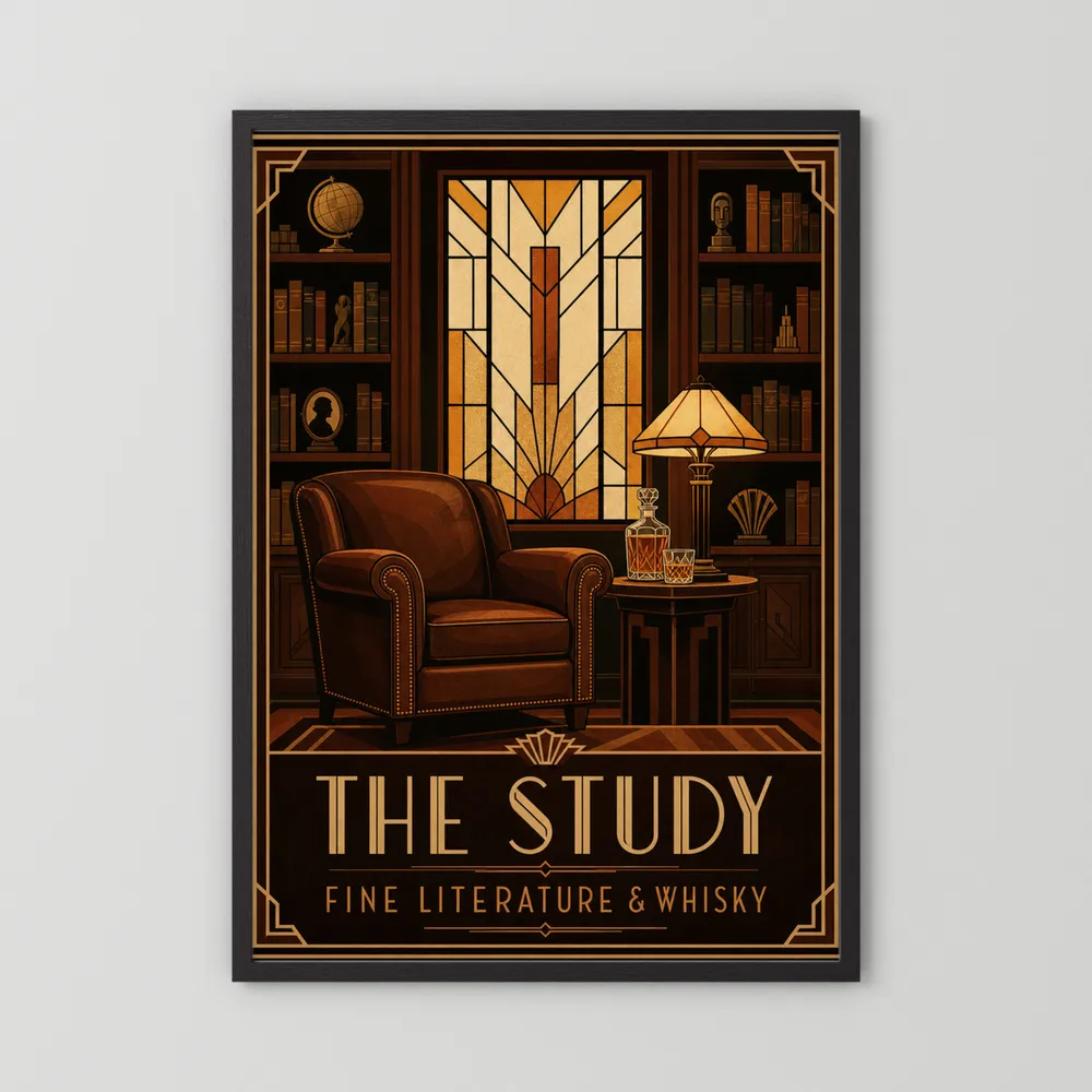 The Study: Fine Literature & Whisky – Vintage Art Deco Library Interior Print