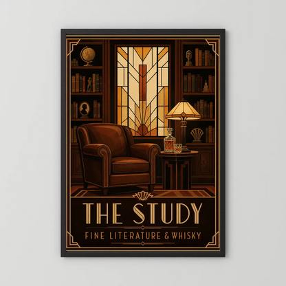 The Study: Fine Literature & Whisky – Vintage Art Deco Library Interior Print